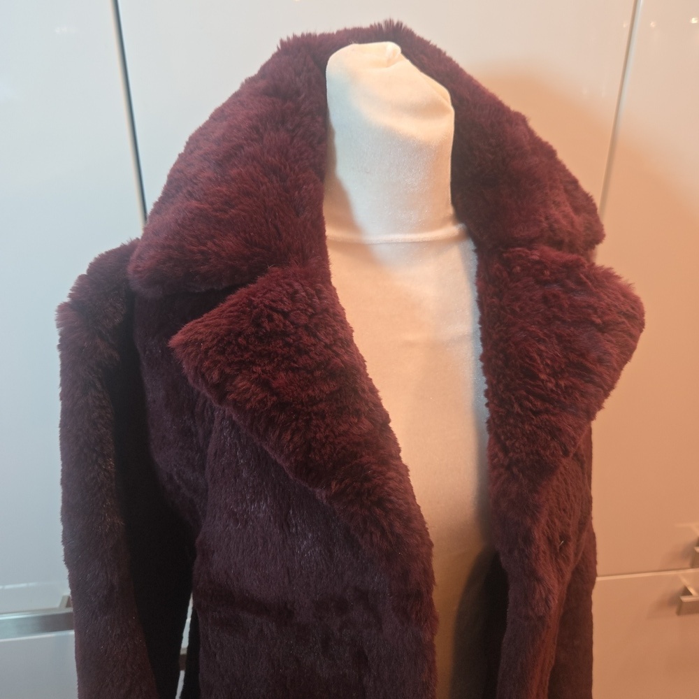 Vtg 90s Burgundy Rabbit Fur Retro Pea Coat Womens Xs